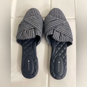 NWOT Birdies Womens US 10m Songbird Navy Stripe Slip On Mules Denim Bow Knot